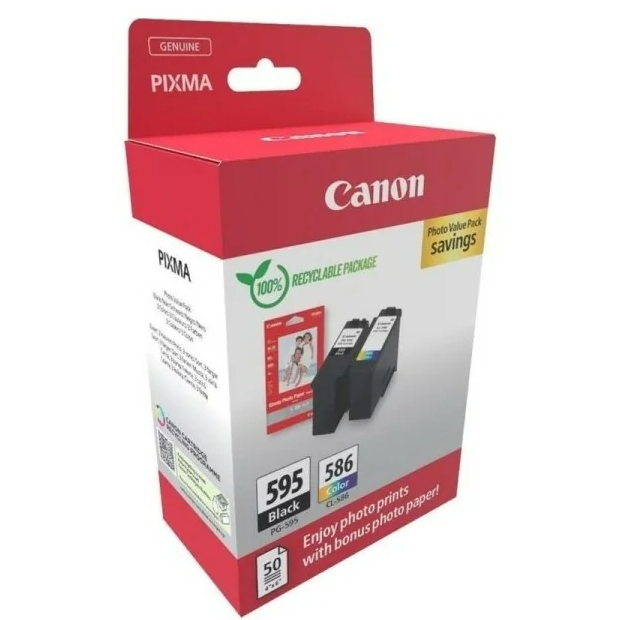 Embalagem vermelha e branca de tinteiros Canon PIXMA com tinteiros preto e color