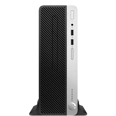 Computador de secretária compacto preto com painel frontal prateado e várias portas