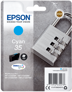 Embala de tinta Epson Cyan 35 para impressora com cadeado de combinação ao fundo.