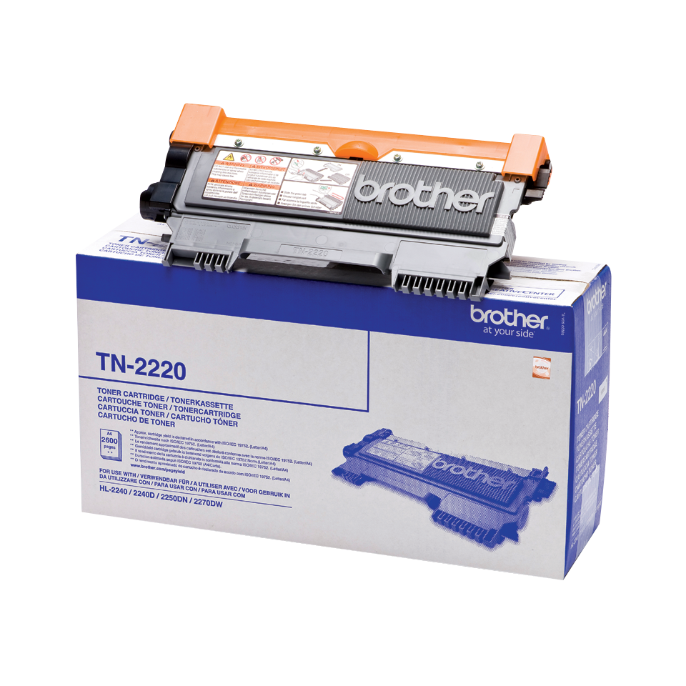 Cartucho de toner Brother TN-2220 em cima da caixa azul e branca