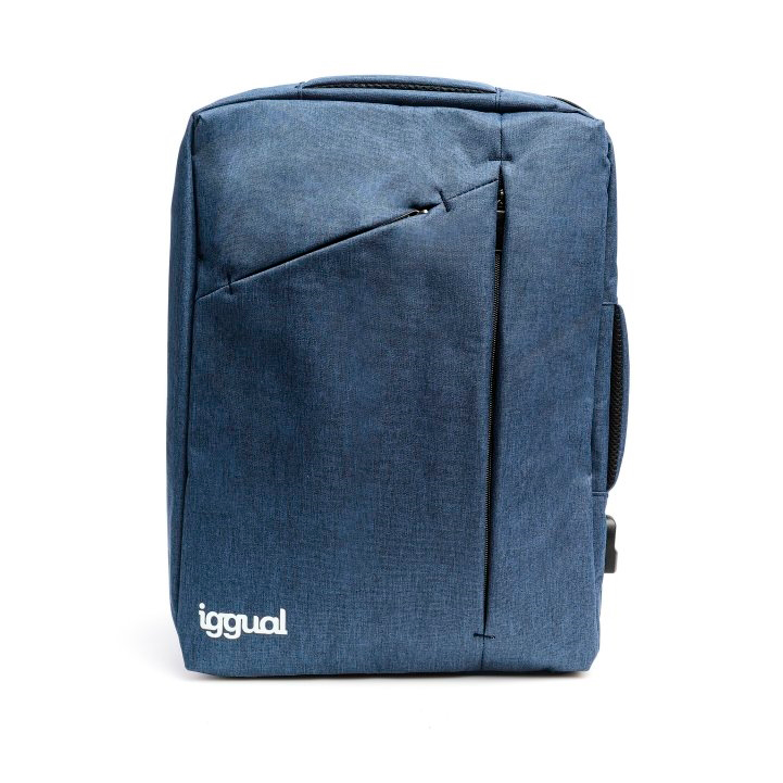 Mochila azul com bolso frontal e logo igguual