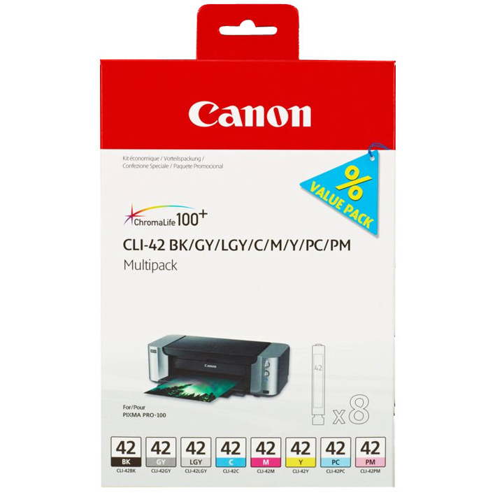 multipack de tinteiros Canon CLI-42 com oito cores diferentes para impressora Pixma Pro-100