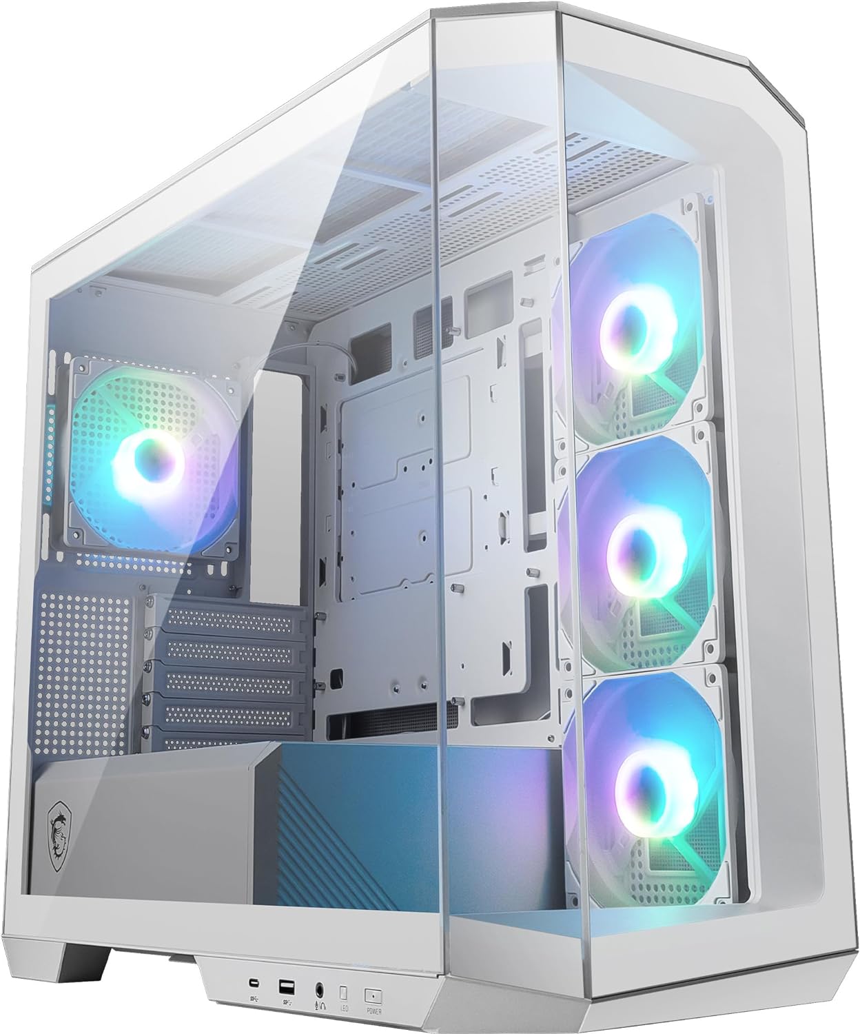 Gabinete de computador branco com painel de vidro e ventiladores RGB iluminados