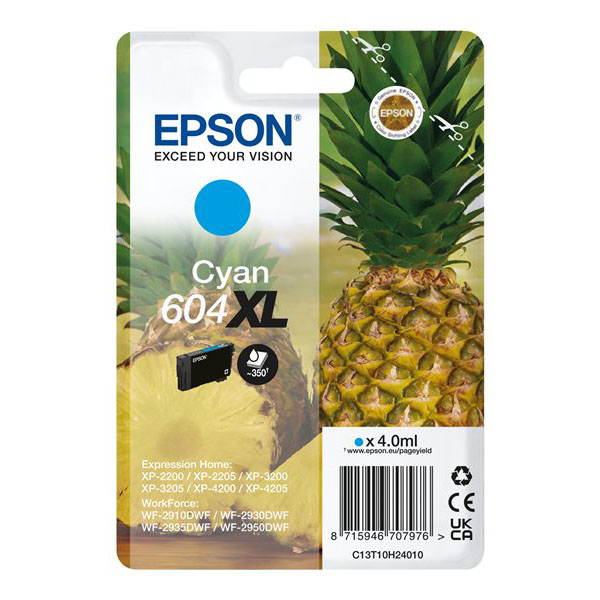 Embalagem de tinteiro Epson Cyan 604XL com imagem de ananás