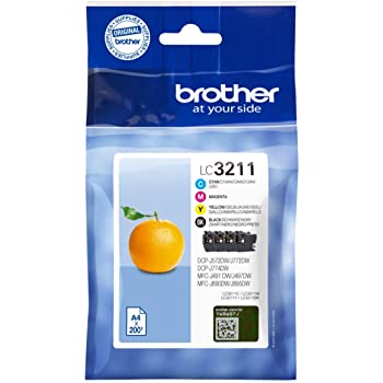 Embalagem azul de cartucho de tinta Brother LC3211 com imagem de laranja