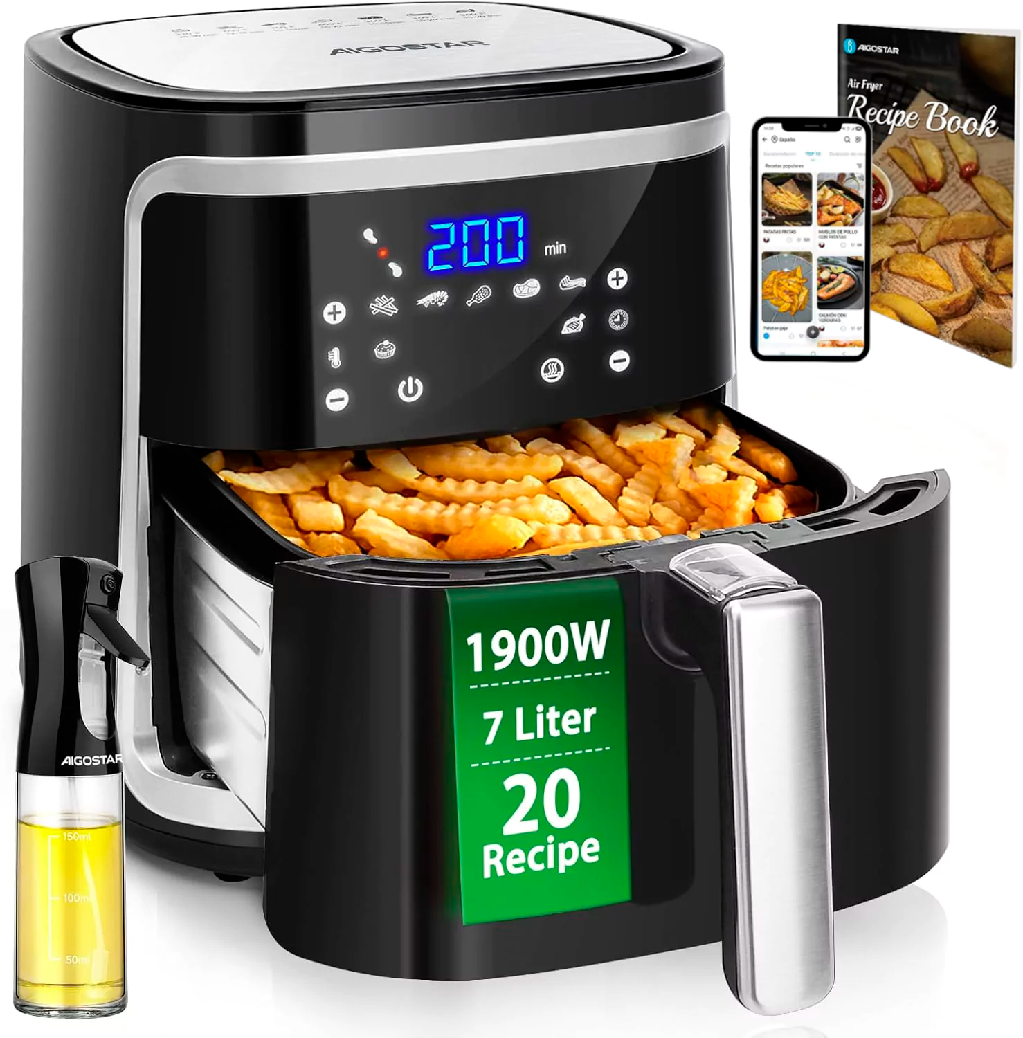 Fritadeira elétrica Aigostar preta com batatas, spray de óleo, livro de receitas e smartphone