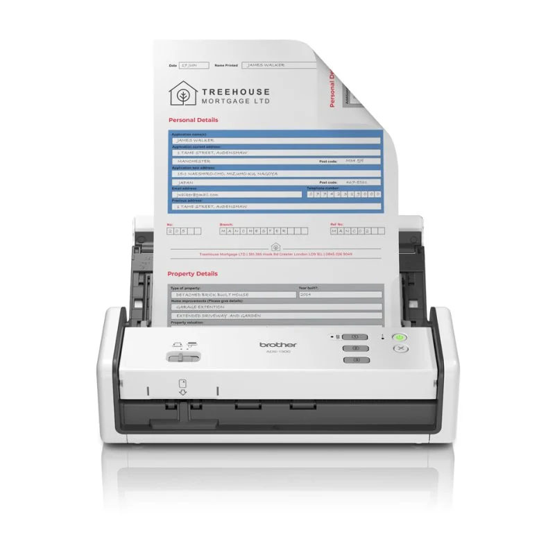 Scanner portátil branco Brother ADS-1200 a digitalizar documento