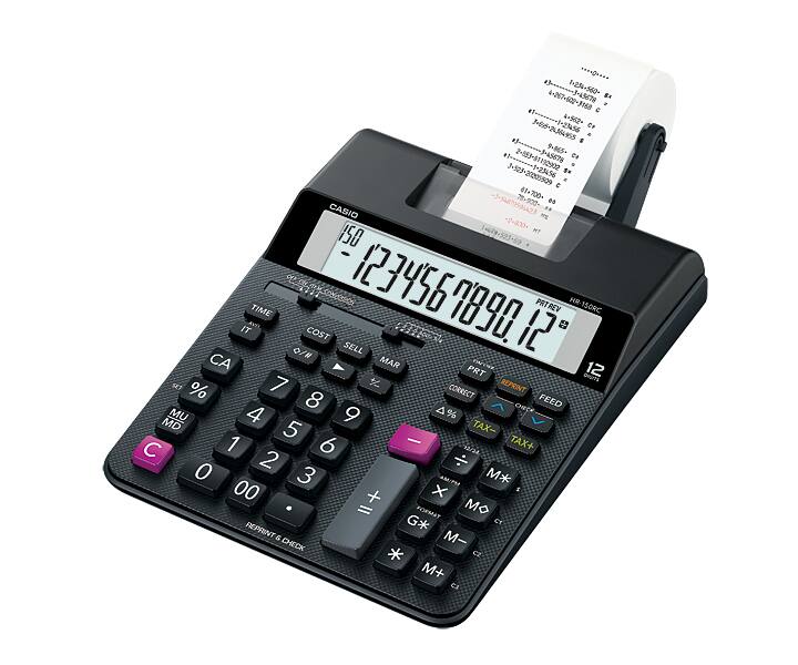 Calculadora de mesa preta com impressora e visor digital