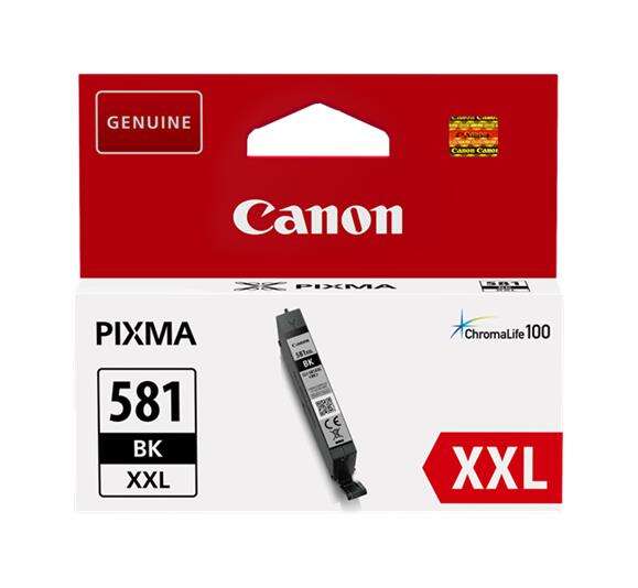Embalagem vermelha e branca de tinteiro Canon PIXMA 581 BK XXL