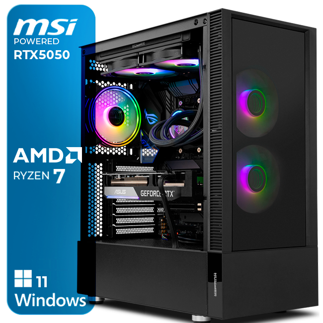 Computador de secretária preto com iluminação RGB e especificações AMD Ryzen 7 e RTX 5050.