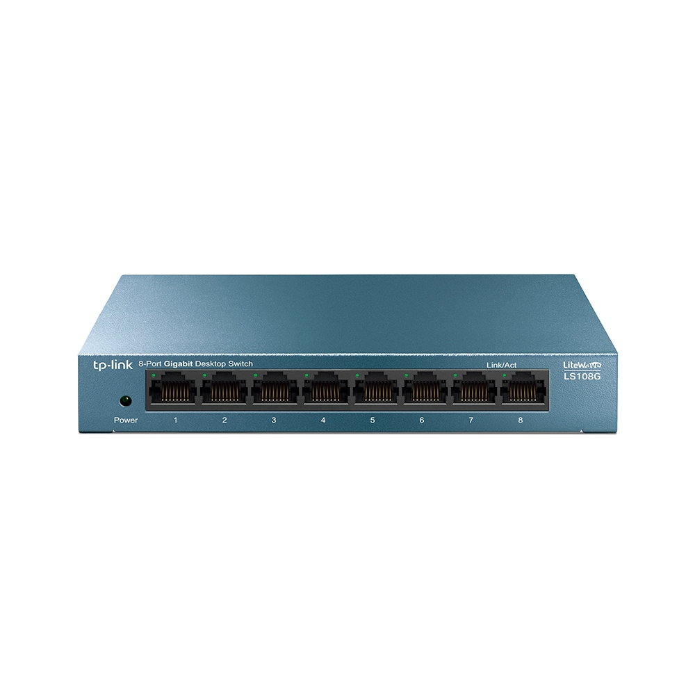 Switch de rede tp-link azul com 8 portas Gigabit Ethernet.