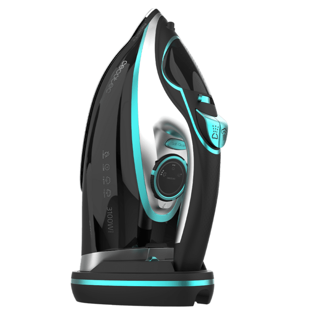 Ferro de engomar a vapor Cecotec preto com detalhes em azul turquesa