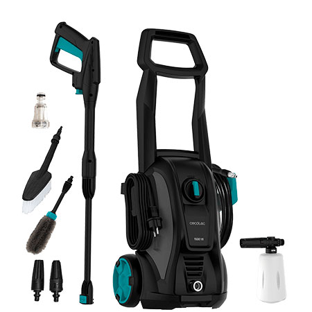 Lavadora de alta pressão preta e azul com acessórios de limpeza