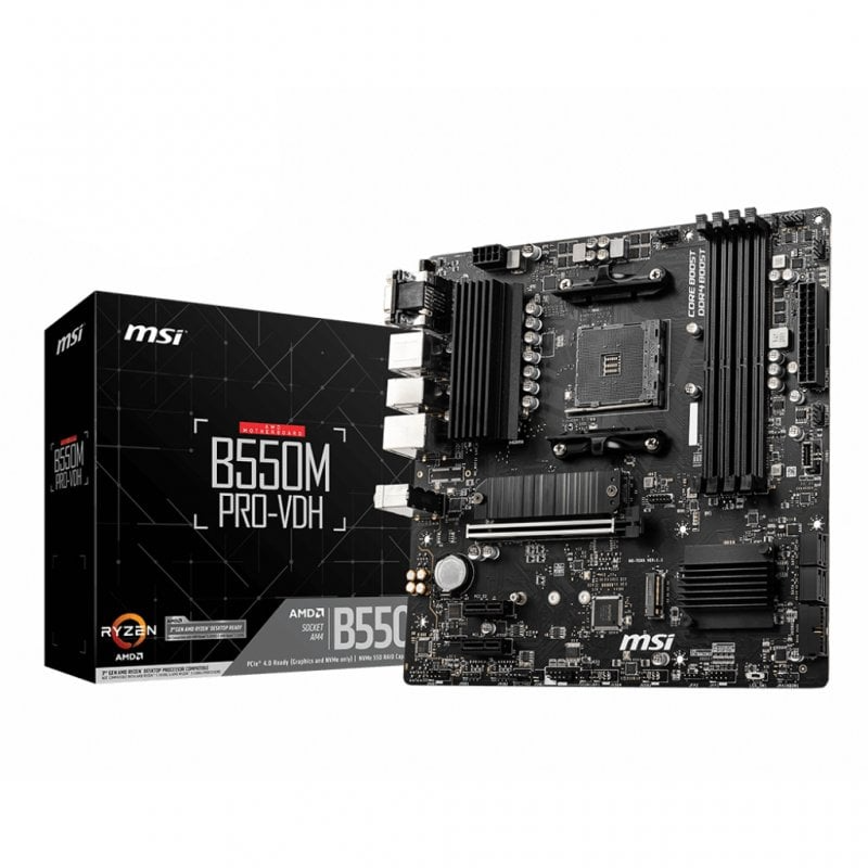 Placa mãe MSI B550M PRO-VDH com caixa preta ao fundo.