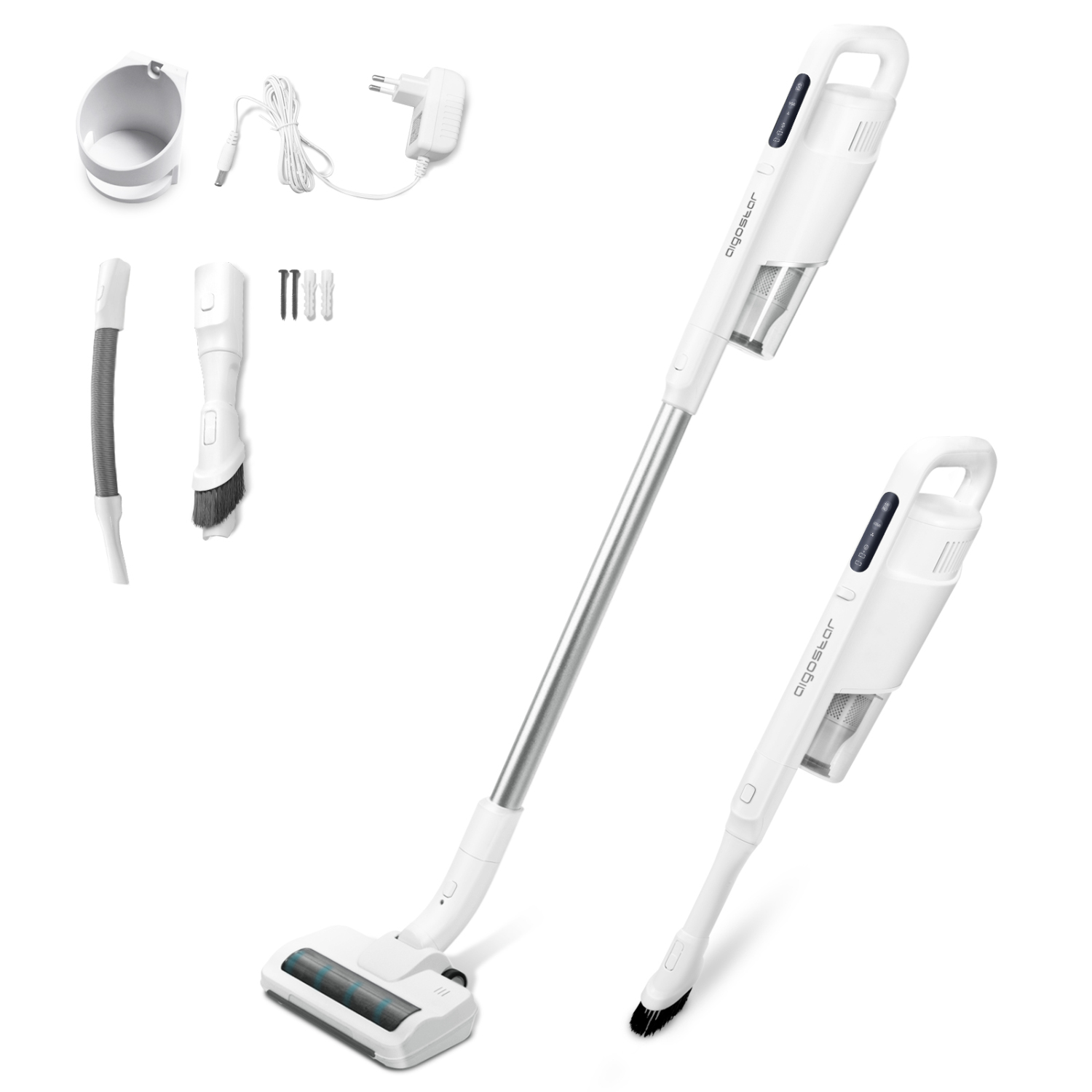 Aspirador vertical sem fios branco com acessórios e carregador