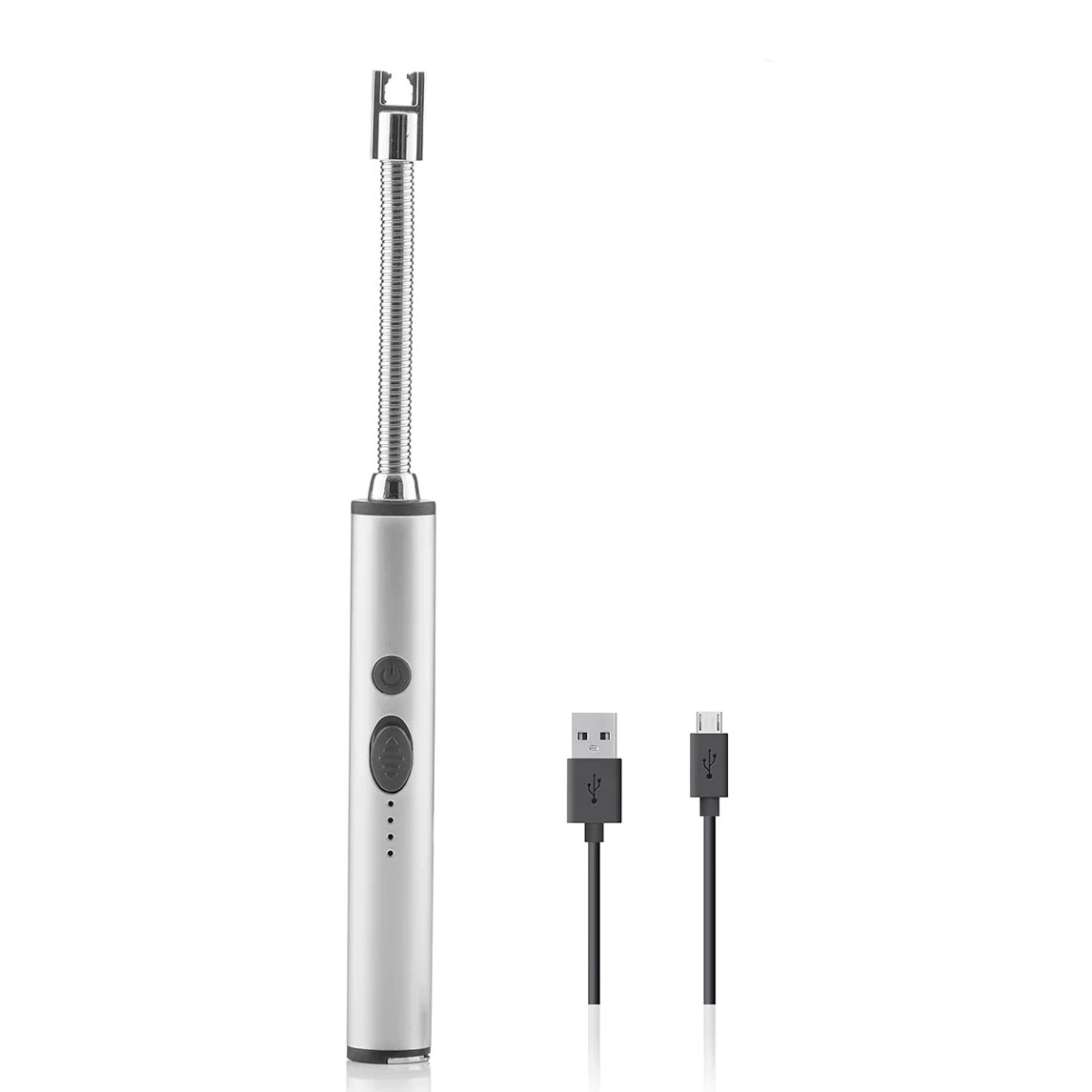 Vela eletrónica recarregável prateada com cabo USB para carregamento