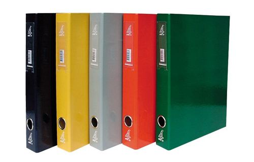 Cinco dossiers coloridos de arquivo em pé, preto, amarelo, cinza, vermelho e verde