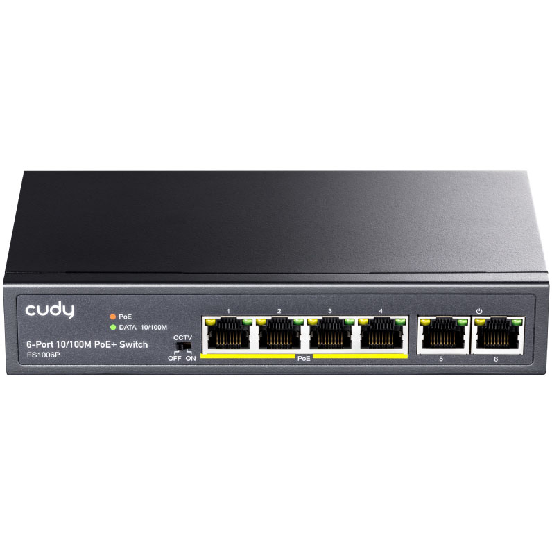 Switch de rede Cudy 6-Port 10/100M PoE+ preto com seis portas RJ45