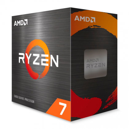 Caixa de processador AMD Ryzen 7 série 5000 com design laranja, vermelho e preto