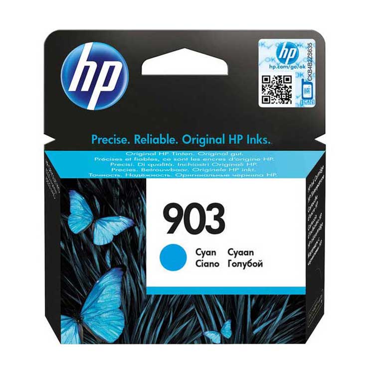 Embalagem de tinta HP 903 ciano com design de borboletas azuis.