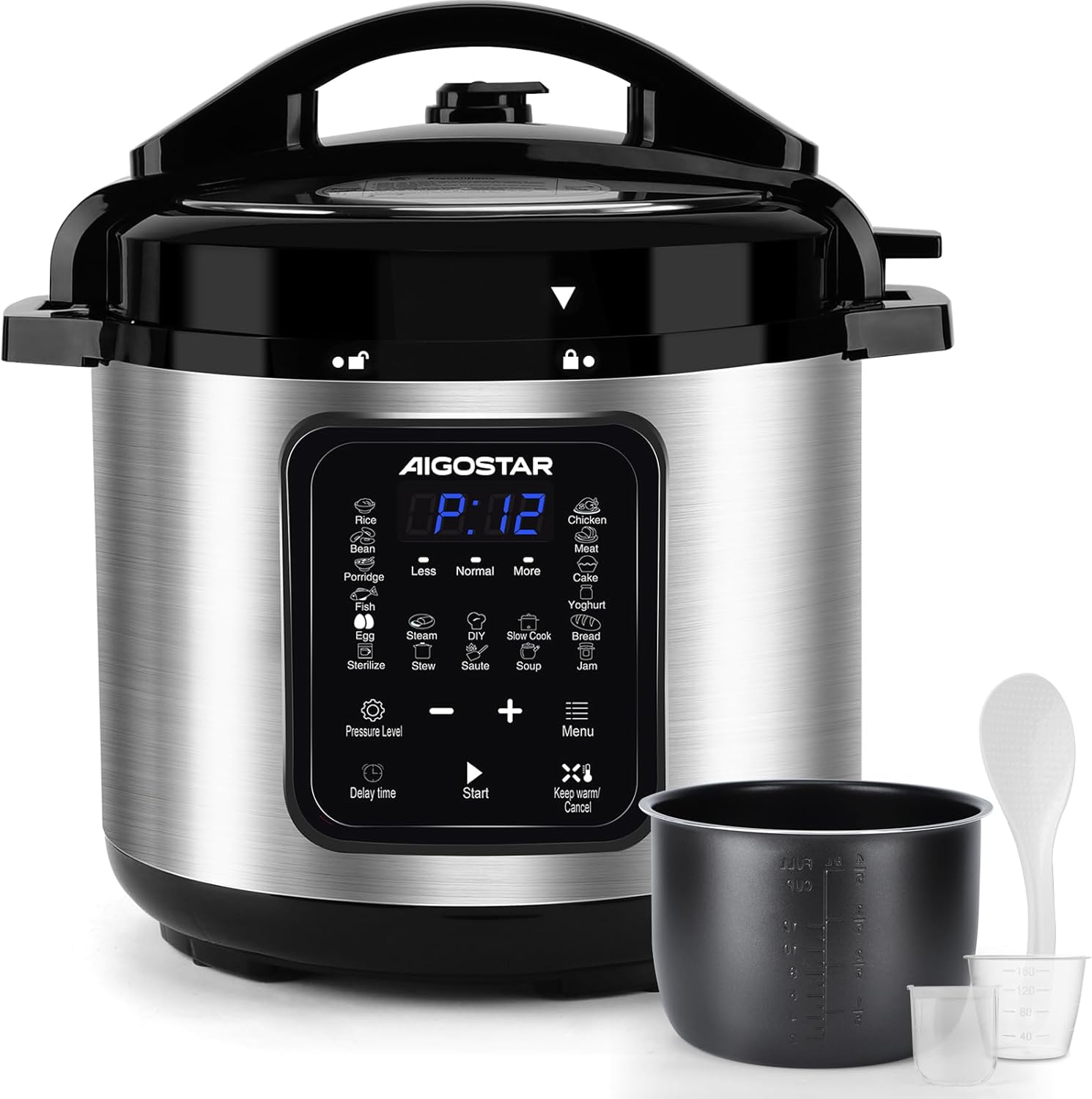 Panela elétrica de pressão Aigostar com acessórios e painel digital com várias funções.