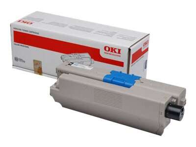 Toner para impressora OKI cinzento e azul com caixa de papel.