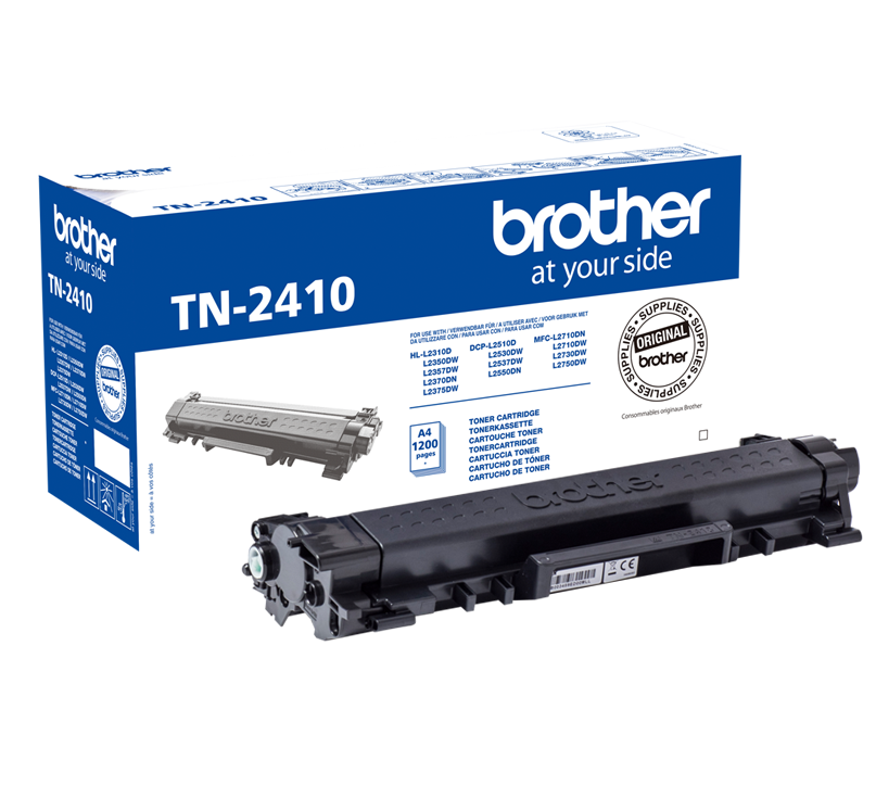 Cartucho de toner Brother TN-2410 com caixa azul e branca para impressoras