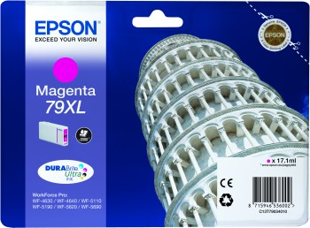 Embalagem de tinta Epson Magenta 79XL, fundo azul, Torre de Pisa, selo Epson
