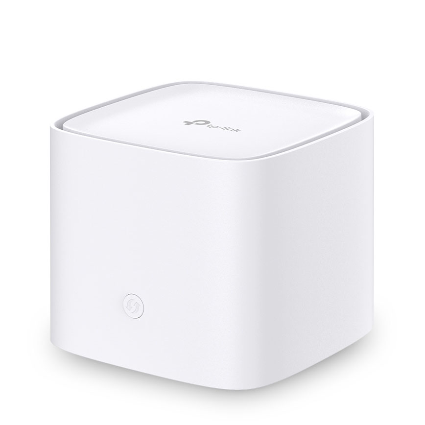 Aparelho electrónico branco cubo com logo TP-Link no topo