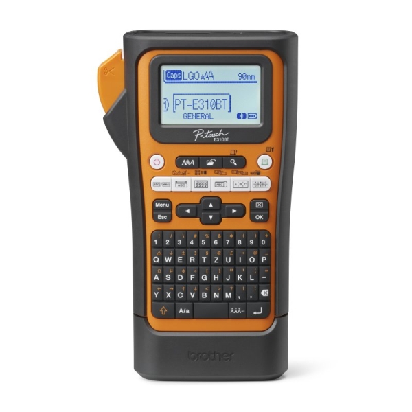 Impressora de etiquetas portátil Brother PT-E310BT preta e laranja com ecrã LCD e teclado QWERTY