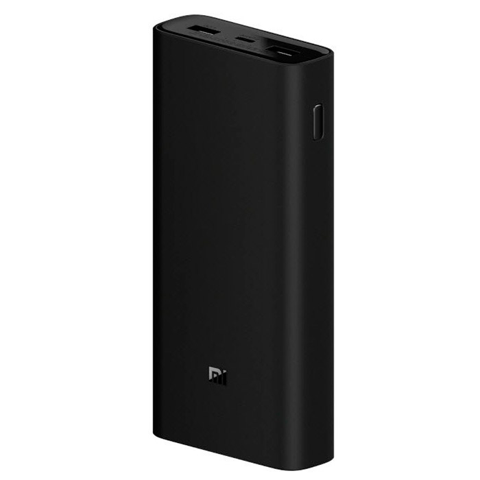 Power bank preto com portas USB topo e logotipo mi