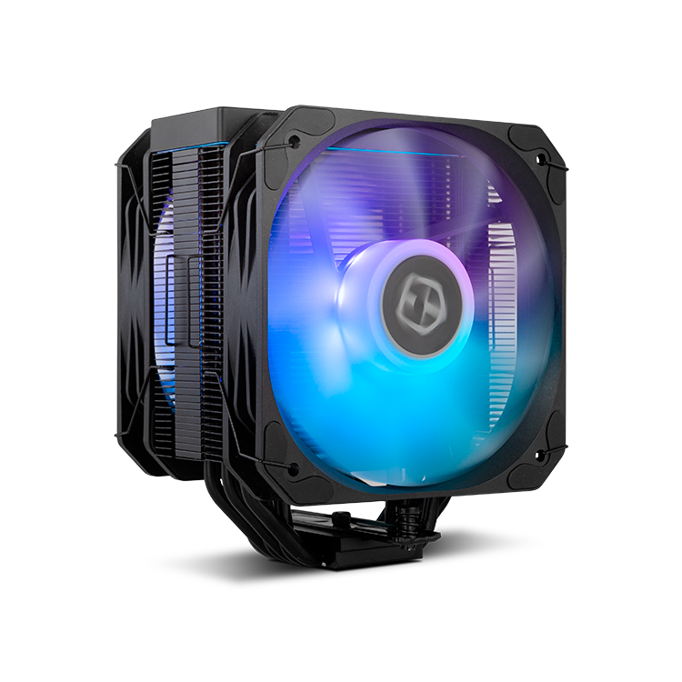 Cooler para computador preto com ventoinha LED azul e roxo