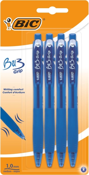 Pack de quatro esferográficas BIC Bu3 Grip azuis com ponta 1,0 mm em embalagem laranja e branco