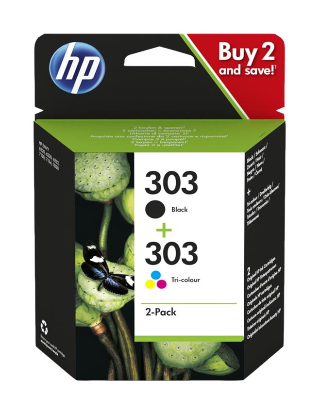 Embalagem de cartucho tinta HP 303 preto e tricolor 2-Pack