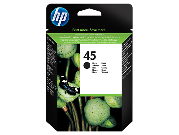 Embalagem tinta HP preta modelo 45 com flores verdes e borboleta azul