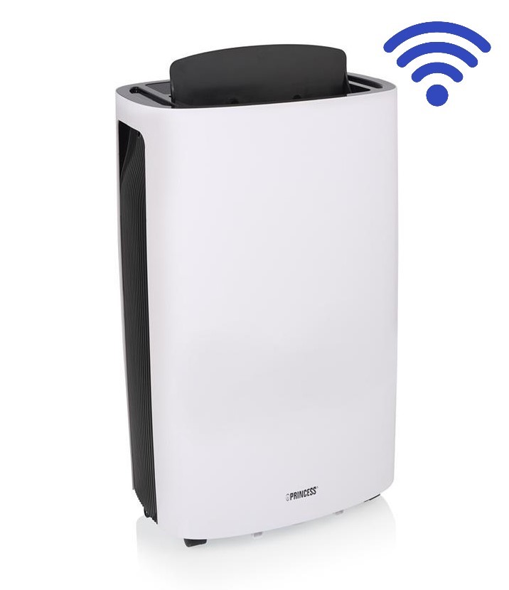 Desumidificador portátil branco e preto com logótipo PRINCESS e ícone Wi-Fi azul