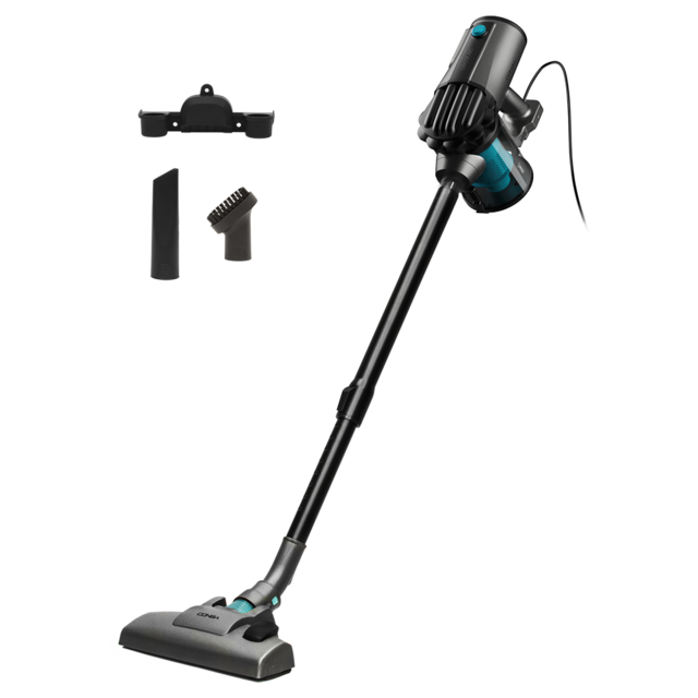 Aspirador sem fios preto e azul com tubo longo e acessórios