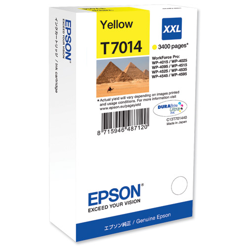Caixa de cartucho de tinta Epson amarela T7014 XXL com informação de compatibilidade e imagem das pirâmides
