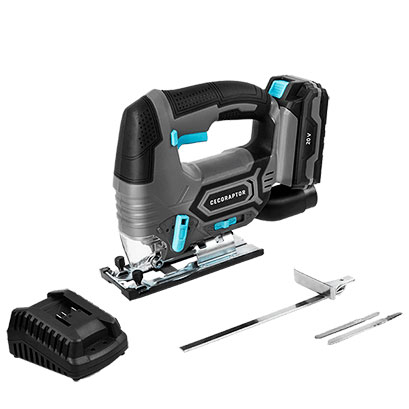 Serra tico-tico elétrica preta, cinza e azul com acessórios