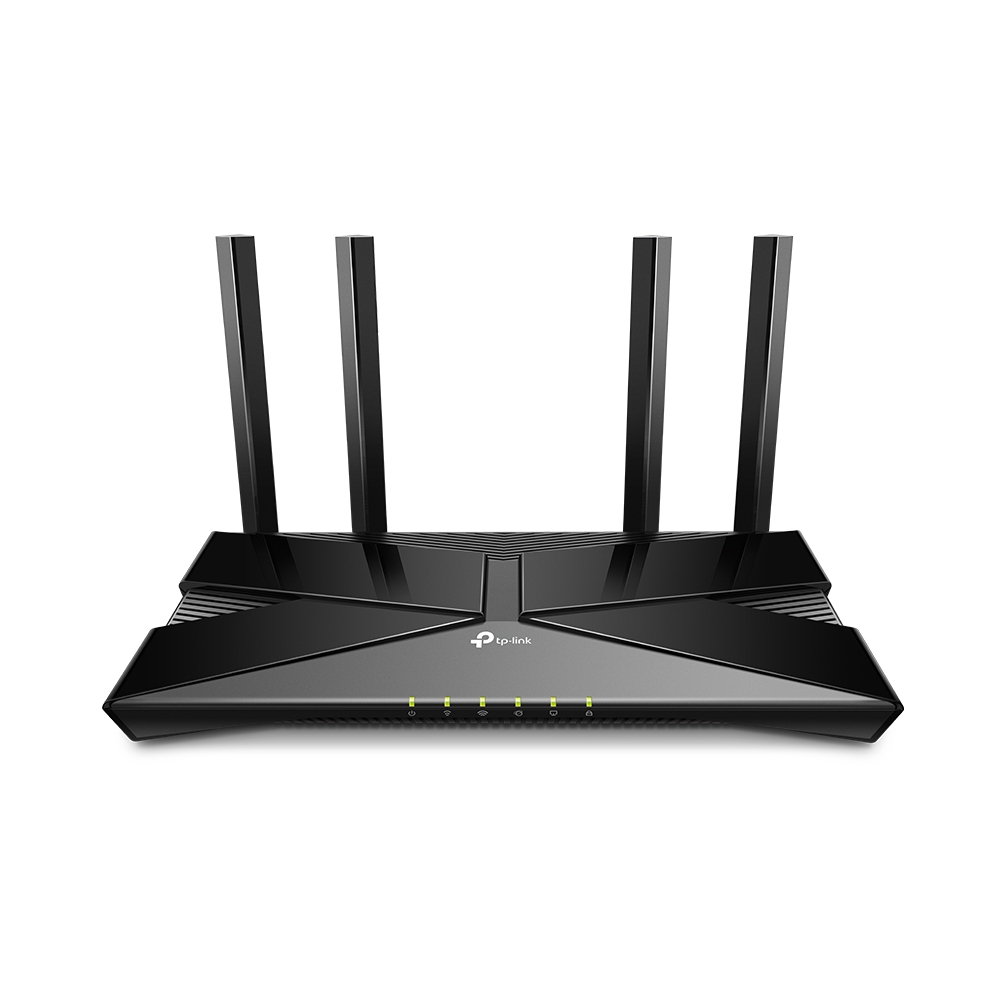 Router TP-Link preto com quatro antenas verticais e indicadores LED amarelos