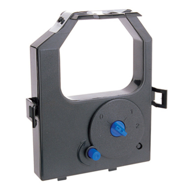 Fita de máquina de escrever preta com botão azul e caixa plástica