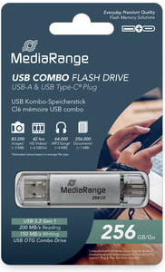 Pen USB MediaRange 256 GB USB-A e USB tipo C em embalagem azul escuro