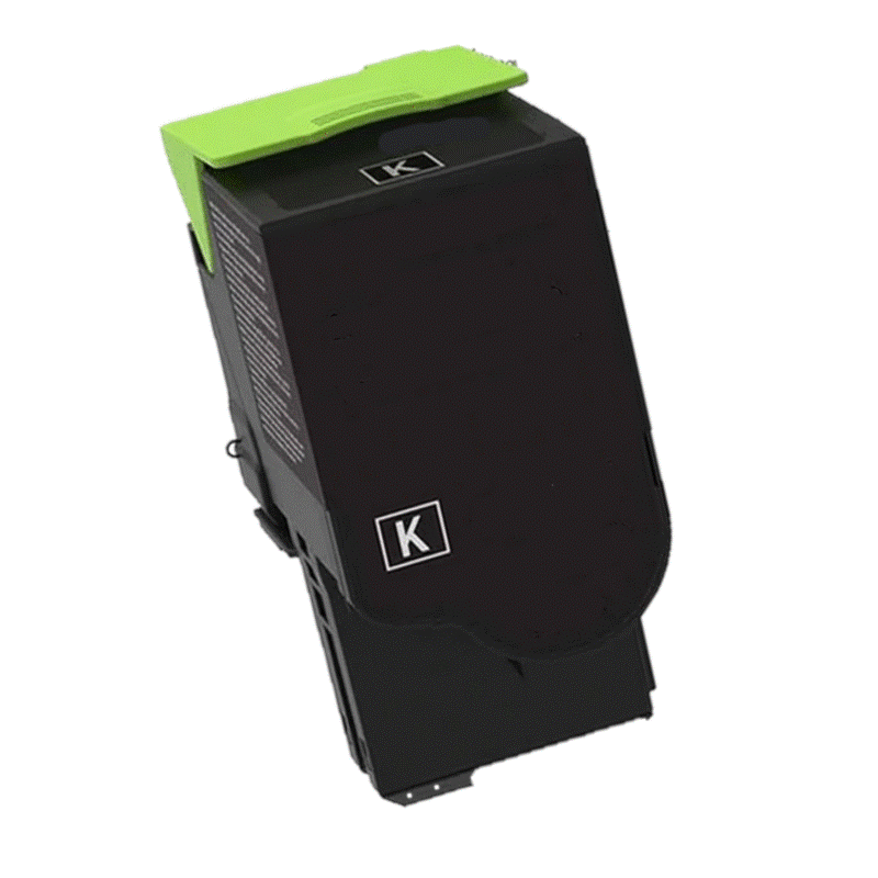 Cartucho de tinta preta para impressora com tampa verde e etiquetas com letra K