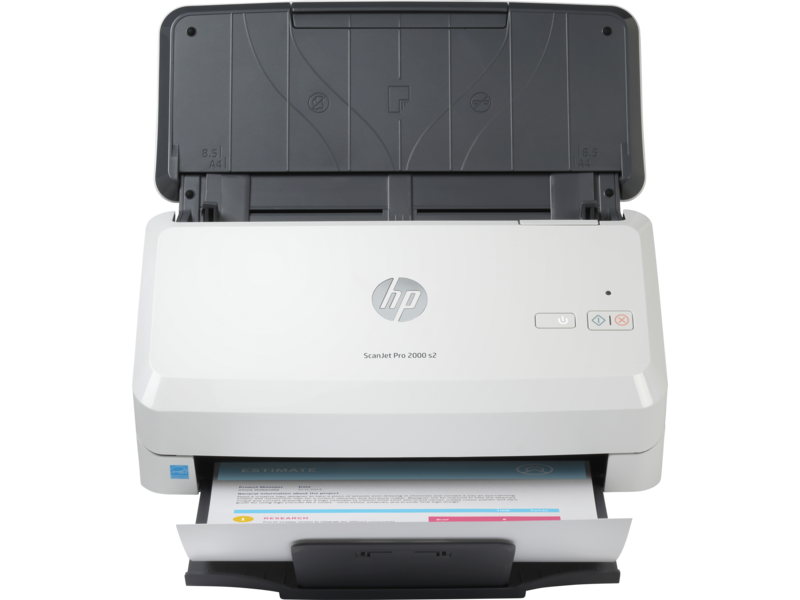 Scanner HP ScanJet Pro 2000 s2 branco e cinzento com papel na bandeja