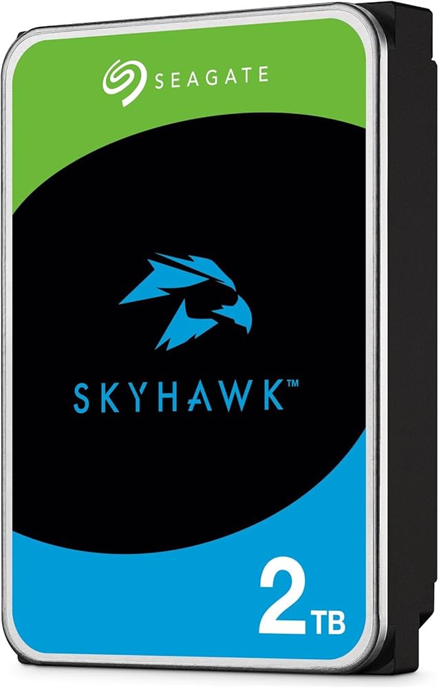 Disco rígido Seagate Skyhawk 2 TB preto com etiqueta colorida