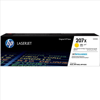 Caixa de toner HP LaserJet 207x amarelo para impressora com design preto e texto informativo