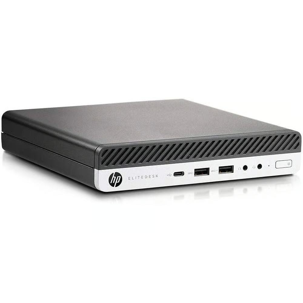Computador compacto HP EliteDesk preto e prateado com várias portas usb