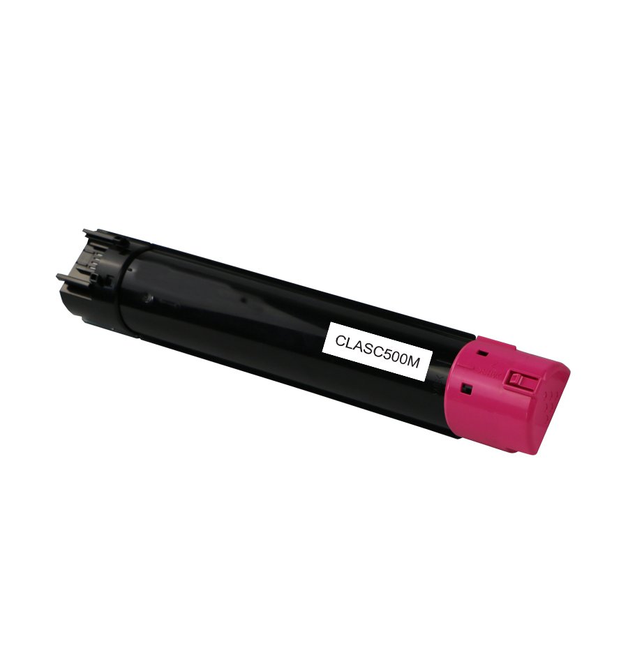 Cilindro de toner preto com tampa rosa e etiqueta CLASC500M isolado