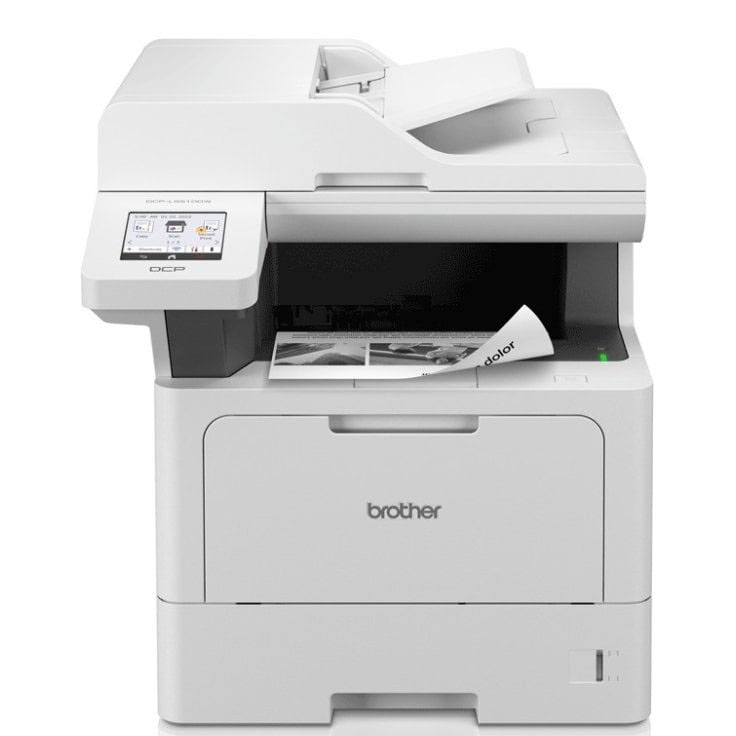 impressora multifunções branca Brother com écran táctil e bandeja automática