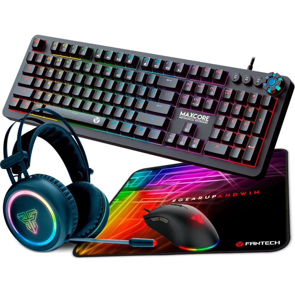 Teclado mecânico, rato, auscultadores e almofada de rato colorida com iluminação RGB e texto #GEARUPANDWIN